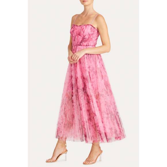 NEW MONIQUE LHUILLIER sleeveless tulle maxi dress in superimposed flora - Picture 3 of 4